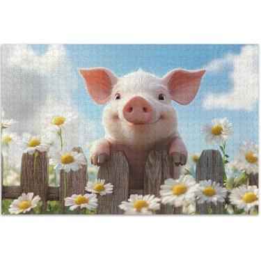 Imagem de Quebra-cabeça floral de porco fofo margarida para adultos 1000 peças decoração de pintura animal presente mordaça presente de jogo tecnológico, 75 x 40 centímetros