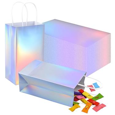 Imagem de Abeillo 48 sacos de presente de papel reutilizáveis com alça, bolsa de presente iridescente holográfica brilhante bolsa de presentes bolsa de presente a granel para chá de bebê, lembrancinha de festa