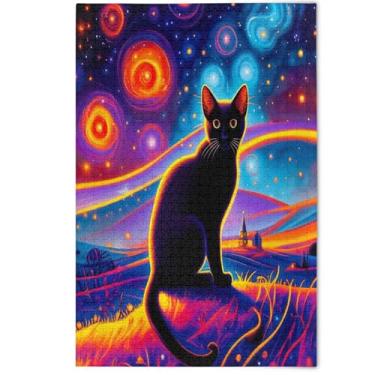 Imagem de Quebra-cabeça noite céu estrelado gato preto 1000 peças jogo adulto engraçado inverno cena de inverno arte estética decoração de casa, 1000 peças, 75 x 50 cm