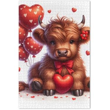 Imagem de Highland Cow Valentine Quebra-cabeça para adultos fofos 500 peças decoração de arte pintura Prime Puzzles Game Puzzle presentes, 51 x 35 centímetros