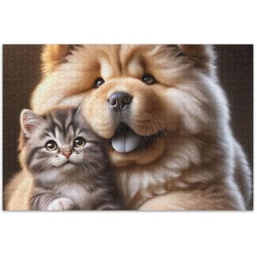 Imagem de Quebra-cabeça personalizado Chow Chow Cachorro Gatinho Gato para Adultos 500 peças Arte Colorida Animal Divertido Família Quebra-cabeça Engraçado, 50 x 35 centímetros