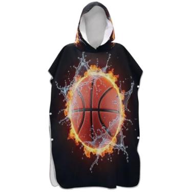 Imagem de Joisal Roupão vestível para adultos poncho de surfe com capuz toalha de praia estampada basquete fogo respingo preto masculino feminino poncho com capuz