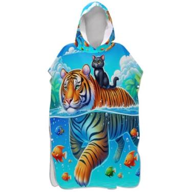 Imagem de Joisal Poncho de surfe azul gato tigre peixe bonito para mudança de roupão adulto secagem rápida para mulheres toalha de banho com capuz de praia