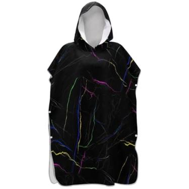 Imagem de Joisal Poncho de surfe para adultos trocador de roupão de praia com capuz toalha de natação masculino feminino poncho com capuz linhas neon preto