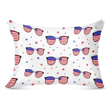 Imagem de Capa de almofada com lentes da bandeira americana branca felpuda com zíper padrão Queen King Almofadas de travesseiro fofas fronhas de cama básicas, tamanho king, 50,8 cm x 101,6 cm