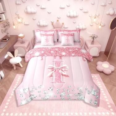 Imagem de Erosebridal Conjunto de cama Queen com laço rosa para meninas, cama personalizada I em uma bolsa, princesa com glitter, conjunto de edredom com lençóis, laço sonhador, alfabeto, 7 peças, decoração de