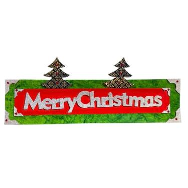Imagem de Placa para pendurar na parede de Feliz Natal – Decoração de Natal de 50 cm com letras brilhantes, árvores festivas e faixa vermelho-verde para decoração de casa, lareira e porta