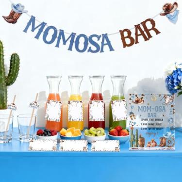 Imagem de CORNER LACE Kit de placa de bar Mimosa para chá de bebê, faixa de caubói ocidental, etiquetas de mesa de suco, canudos, decorações de brunch, chapéu de bota de vaca, revelação de gênero, bem-vindo
