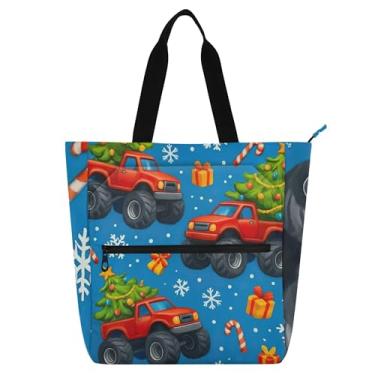 Imagem de Sacolas de trabalho azuis de Natal Red Trucks para mulheres, lona, faculdade, escola, bolsas de tecido, bolsas para amantes de livros, presentes