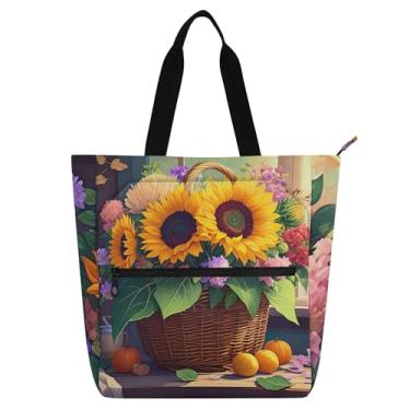 Imagem de GAIGEO Cesta Girassóis Flores Bolsa de Trabalho Feminina Lona Zíper Bolsa de Praia Bolsas Professores Amantes de Livros