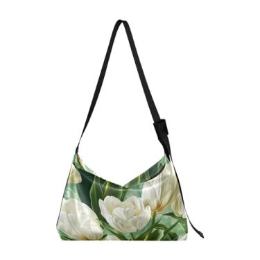 Imagem de GAIGEO Bolsa tiracolo grande de couro rosa e roxo água-viva, bolsa de couro com alça, bolsas de ombro masculinas, Tulipas brancas em verde - 1, One Size