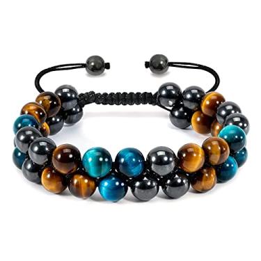 Imagem de WFJ Pulseira de proteção tripla de hematita obsidiana preta, pulseiras de contas de olho de tigre azul, pulseiras de pedra vulcânica para homens e mulheres 10 mm ou 8 mm, Olho de tigre