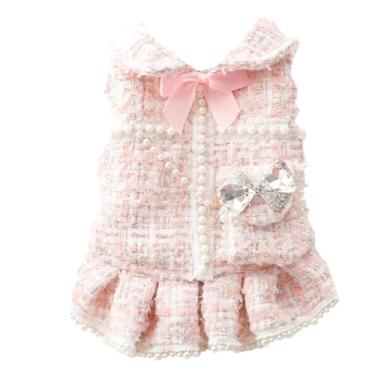 Imagem de PalmPurr Vestido de princesa de tweed para cães pequenos e médios outono inverno design rosa pérola, roupa de cachorro de lã quente com flor de laço, roupas fofas de luxo para cães para gatos e cães