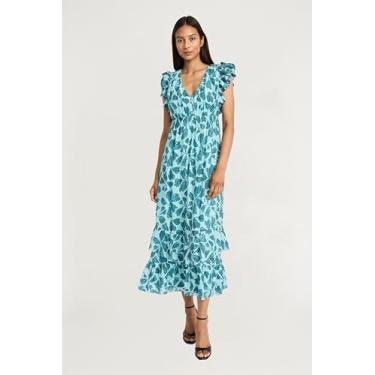 Imagem de The Good Journey Vestido midi feminino Boho com estampa de folhas em V e babados para convidados de casamento e férias de verão, Combo azul, 44