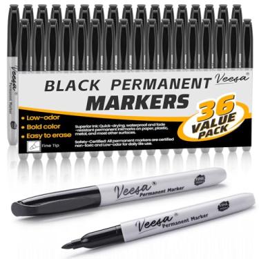 Imagem de VEESA Marcadores permanentes ponta fina, preto, pacote com 36 canetas marcadoras permanentes à prova d'água, à prova de manchas, secagem rápida para escritório, escola, casa