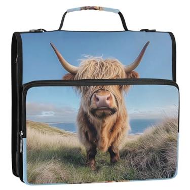 Imagem de Organizador de fichário grande com zíper, 3 anéis, 3 anéis, fofa, vaca Highland Country, escocesa, pasta de armazenamento com alça e alça para escola