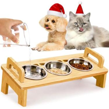 Imagem de Tigela de comida de bambu para uso interno, 3 tigelas elevadas de aço inoxidável para gatos com suporte, tigela inclinada a 15° para cães pequenos, conjunto de tigelas de comida e água para gatos