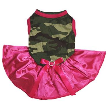 Imagem de Petitebella Roupa para cachorro vestido liso camuflado top rosa choque tutu (médio)