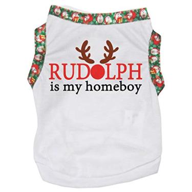 Imagem de Petitebella Camiseta branca Rudolph is My Homeboy roupas para cães (bainha de Papai Noel verde, 3GG)