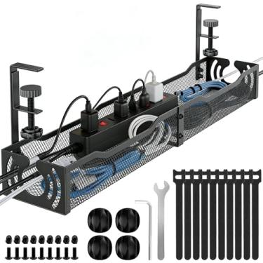 Imagem de Gerenciamento de cabos, bandeja de gerenciamento de cabos sob a mesa sem furadeira, organizador de cabos de metal com grampo para gerenciamento de fios, organizador de cabos para escritório em casa