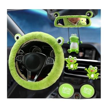 Imagem de Dotesy Conjunto de capa de volante de carro de sapo fofo de 7 peças, protetor de volante de lã com porta-copos de copo, acessórios de capa de espelho traseiro de pelúcia macia para mulheres (sapo