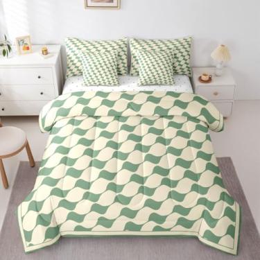 Imagem de Jogo de cama casal quadriculado verde bege, 7 peças, geométrico, xadrez, em uma bolsa, para crianças, meninos e meninas, decoração reversível, simples, moderno, conjunto de lençol de búfalo para