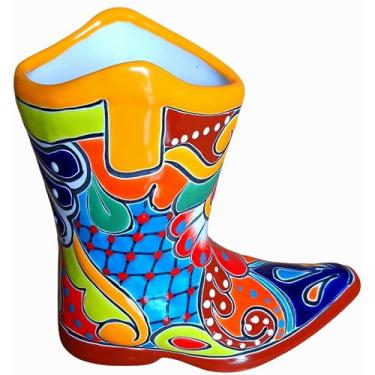 Imagem de Talavera Treasures Vaso Mexicano Pintado à Mão Cerâmica Cowboy Boot Plantador Jardim Interior Exterior Vaso Decorativo (Amarelo)