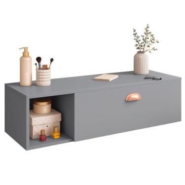 Imagem de Penteadeira Suspensa COM E SEM Espelho e Gaveta com Nicho, Dividória | Bancada Moderna p/Maquiagem e Quarto Compacto(SEM ESPELHO CINZAA)