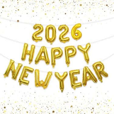 Imagem de Balões de Feliz Ano Novo 2025, conjunto de balões de folha dourada de 40,6 cm com fita e canudo | Decorações de feliz ano novo 2025 | Artigos de festa de véspera de ano novo 2025 para casa, interior,