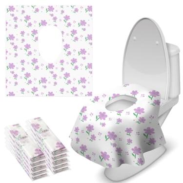 Imagem de Blissful Diary 20 capas de assento de vaso sanitário descartáveis para crianças e adultos, extra grande à prova d'água, pacote portátil para viagens, treinamento de penico infantil (flores roxas))