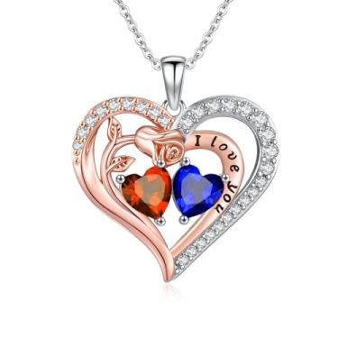 Imagem de WYDDO Colar de coração rosa para mulheres, pingente de pedra de nascimento duplo, presente de aniversário e Natal para sua esposa, mãe, filha, Base, Zircônia cúbica
