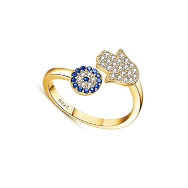 Imagem de Anel ajustável à mão Hamsa Fátima Olho turco Vintage Banhado a Ouro Sorte Zircão Branco Pedra Preciosa Azul Olho Aberto Anel para Mulheres Presentes de Festa Joias, Metal Cristal, Metal