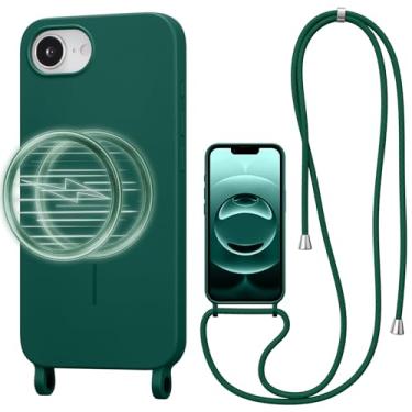 Imagem de UCASONG Capa transversal magnética para iPhone 16E de 6,1 polegadas, capa de silicone líquido com alça ajustável no pescoço, [compatível com MagSafe] capa de telefone à prova de choque - verde