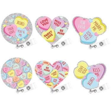 Imagem de Obookey Carretel de crachá de dia dos namorados, carretel de crachá de identificação de coração com glitter com clipe retrátil, lindo suporte de crachá de dia dos namorados para trabalhadores de