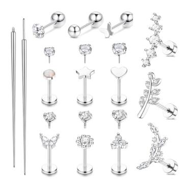 Imagem de ZELORES Conjunto de brincos de cartilagem de aço cirúrgico para mulheres com costas planas banhado a ouro 18 K Push in Nose Studs Screw on Lip Labret Tragus Helix Piercing Jewelry 16G 18G 20G, Aço