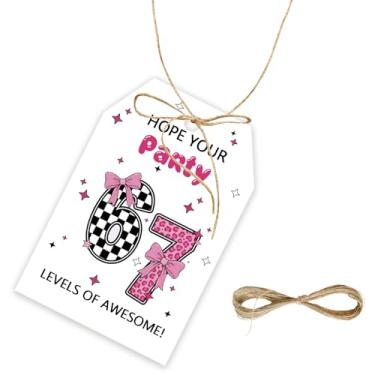 Imagem de 50 peças 6 7 etiquetas xadrez leopardo, I was 6 Now I'm 7 etiquetas de presente com cordão para festa de 7º aniversário, etiquetas de papel engraçadas 6 7 Six Seven para lembrancinhas de festa de