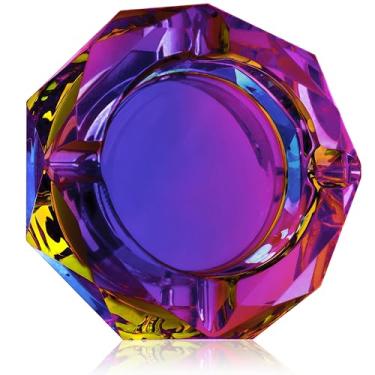 Imagem de Coomin Cinzeiro grande de vidro de cristal de 15 cm, cinzeiro de charuto brilhante, cinzeiros para fumantes, mesa de mesa, embalagem de presente, roxo
