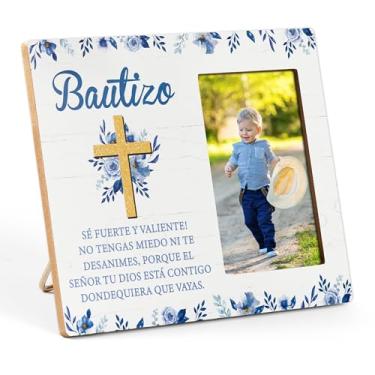 Imagem de CJiangpo Porta-retrato de batismo espanhol – Presentes Bautizo para meninos, presente de batizado religioso para bebês, dedicação católica, lembrança de chá de bebê, flor azul, moldura de madeira de