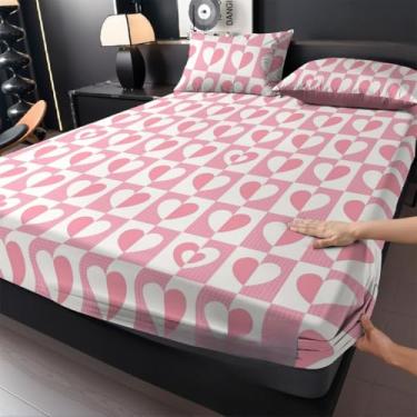 Imagem de Jogo de Lençol Listras Preto e Branco 3 Peças Percal Estampado Solteiro/Casal/Queen(Corações,Casal 03 Peças)