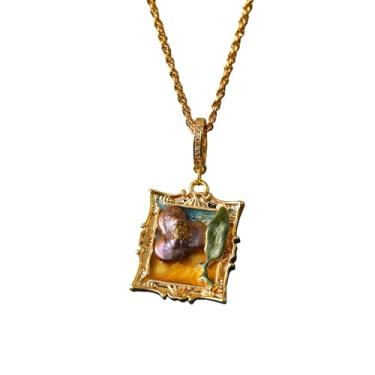 Imagem de Colar de flor esmaltado banhado a ouro 18 k com pérola de água doce, pingente botânico vintage pintado à mão, joia romântica francesa cottagecore presente para mulheres, Small, Latão, Sem Pedra