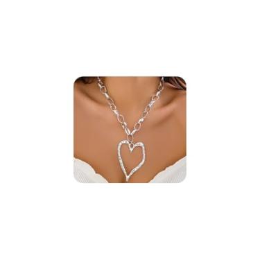 Imagem de ZZ ZINFANDEL Colar de coração grande dourado grosso para mulheres, moderno, grande, martelado, pingente de amor, gargantilha minimalista, Y2k, colar de coração para dia dos namorados, presentes, Large