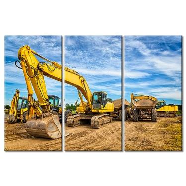 Imagem de Arte de parede de escavadeira de 3 painéis de arte de parede de máquinas pesadas, pôsteres e impressões de escavadeira, fotos de sala de estar, decoração de parede esticada e emoldurada pronta para