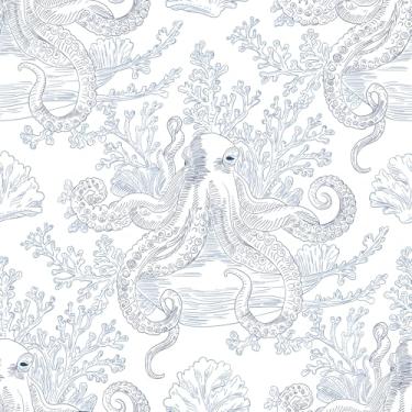 Imagem de Hellowall Papel de parede náutico costeiro de 44,5 x 998 cm vintage azul claro extravagante oceano papel de parede para banheiro quarto de crianças meninos locatário amigável vinil papel de contato