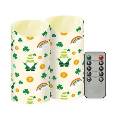 Imagem de Wassud Pacote com 2 velas sem chama de gnomo de São Patrício com controle remoto, velas realistas cintilantes com temporizador, velas decorativas para Natal, casamento, festa, decoração de casa média