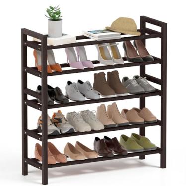 Imagem de Haddockway Sapateira de bambu para armário, organizador de sapatos de pé livre com hastes redondas lisas e alças convenientes, prateleira empilhável de armazenamento de sapatos para entrada, corredor