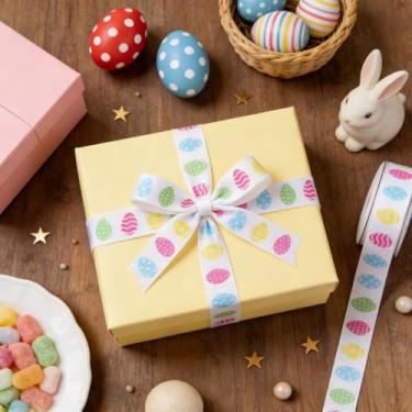 Imagem de 1 rolo de fita de Páscoa de 5 metros, fita de gorgorão com padrões de ovos coloridos, tecido de artesanato natural macio para embrulho de grinalda de presente, decoração de cesta de primavera