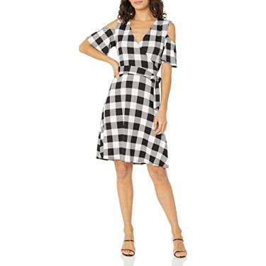 Imagem de Star Vixen Vestido feminino com recorte de ombro vazado e manga curta, Xadrez, P