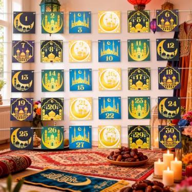 Imagem de Calendário de contagem regressiva do advento Eid Mubarak, contagem regressiva de 30 dias, faça você mesmo, cartões de raspadinha, faixa interativa com adesivos, corda de cânhamo, presente de Ramadã