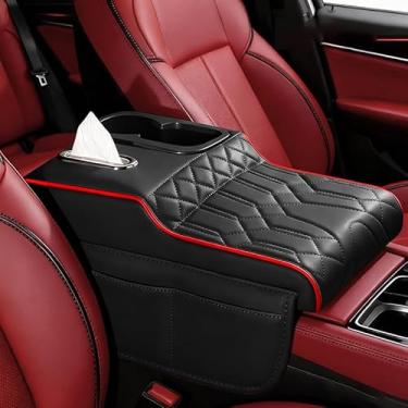 Imagem de Coficoi Capa de console central de carro atualizada, almofada de couro PU para apoio de braço contém esponja de alta elasticidade com 2 sacos de armazenamento caixa de lenços (preto VERMELHO-B)