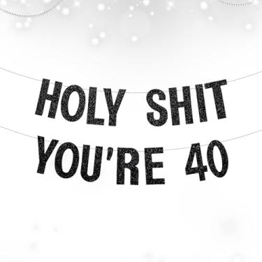 Imagem de Decorações engraçadas de aniversário de 40 anos para homens e mulheres, faixa grande pré-amarrada rude Holy Shit You're Old Banner, suprimentos de festa de aniversário de marco com glitter, cartolina